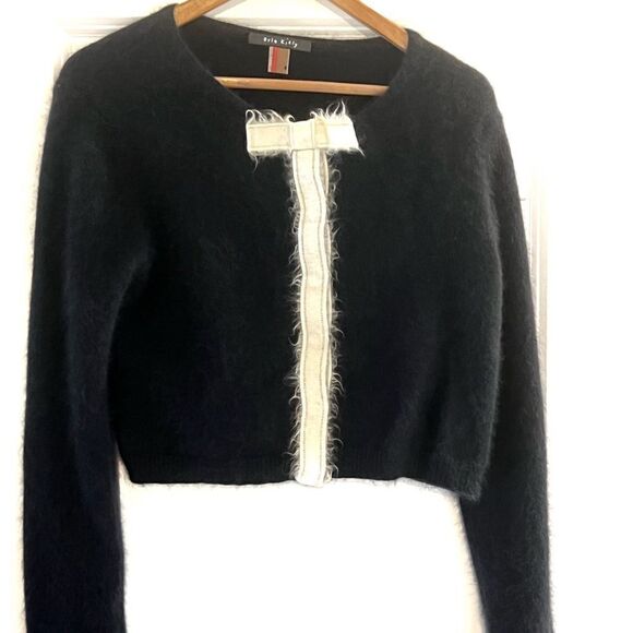 Orla Kiely Angora Crop Bow tie Snap front Cardigan Black sweater Sz 4 - Picture 1 of 5